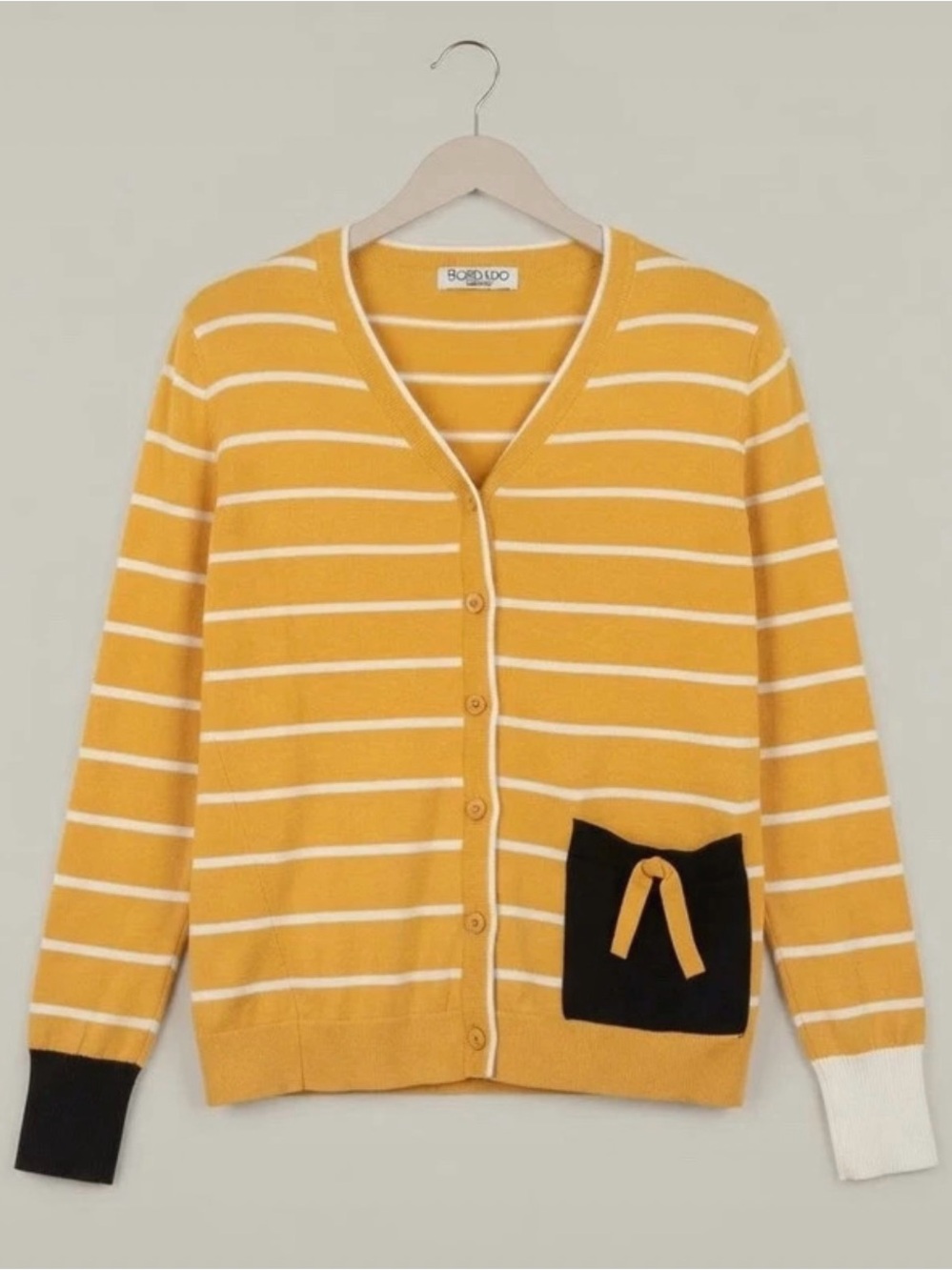 Bordado Mustard Yellow & White Striped Colorblock Cardigan Size M
